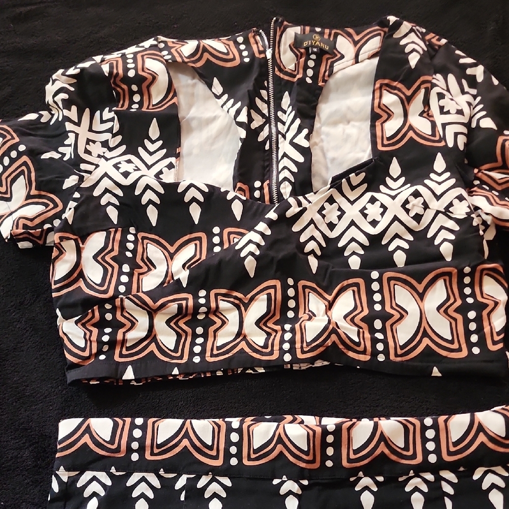 Black and White Patterned A-Line Skirt And Matching Crop Top